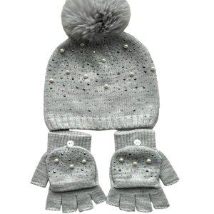 Women Gray Pom-pom Hat & Fingerless Gloves Set with Rhinestone and Pearl Design